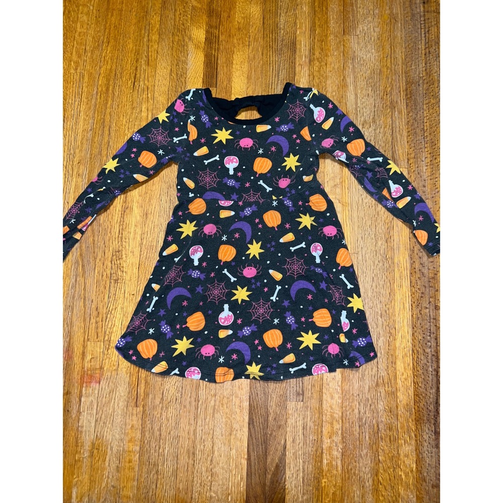 Girl 3T Black Orange Halloween Pumpkin Spiderweb Bow Long Sleeve Skater Dress